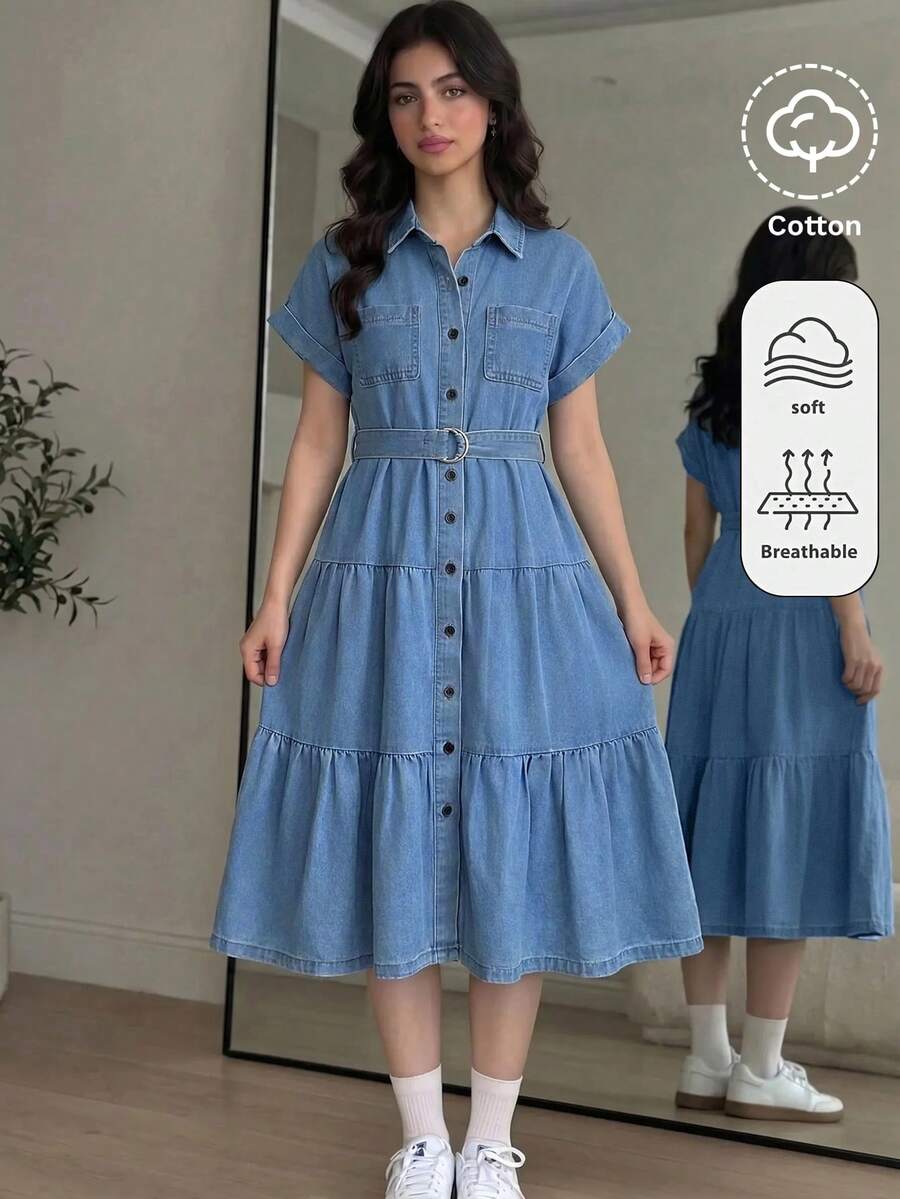 SHEIN 女童藍色丹寧短袖蛋糕裙,附腰帶、翻領與捲邊設計,適合秋冬、萬聖節、Y2K、畢業季與開學季 - 藍色 - 查看 1
