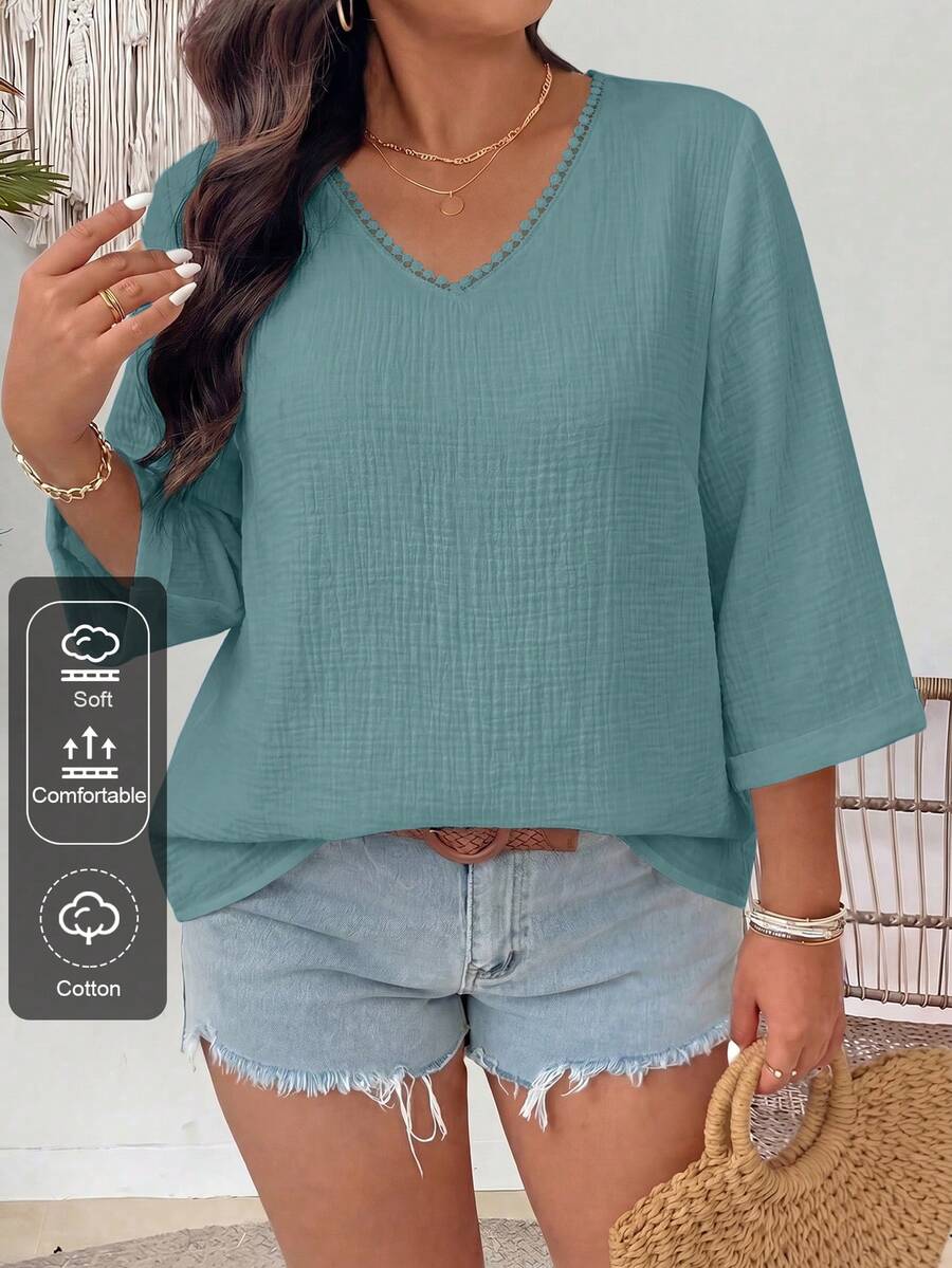 EMERY ROSE Plus Size Versatile Cotton Linen Textured V-Neck Floral Blouse Fall - Dusty Blue - View 1