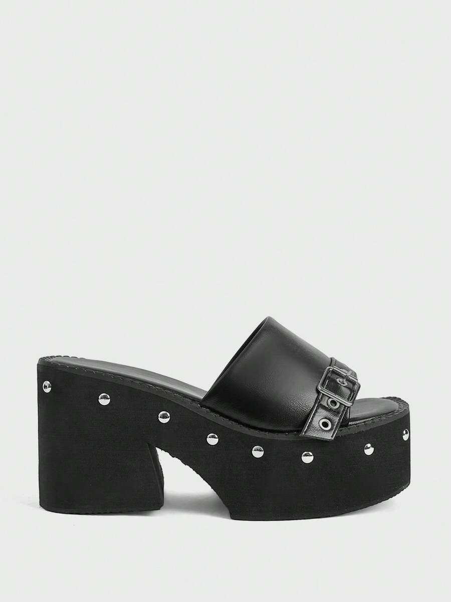 Sugerpunk Women's Thick-Soled Sandals Wear New Rivets, Slip-On Wedges, Slippers, Thick-Heeled High-Heeled Sandals. - Black - View 1