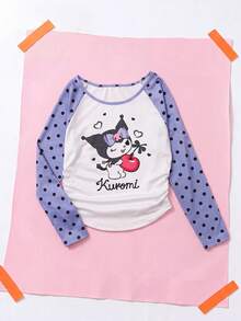 Maija Kids HELLO KITTY AND FRIENDS | SHEIN Maija Kids 1件 青少年女孩休閒優雅可愛細緻舒適針織卡通圖案紫色圓點拼接落肩長袖套頭T恤，適合返校、外出、休閒活動，秋冬穿著 - 紫色 - 查看 3
