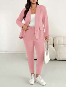 Shapeblank Plus Size Women Solid Color Long Sleeve Jacket And Pants Casual Daily 2 Pieces Set Fall - Pink - View 7