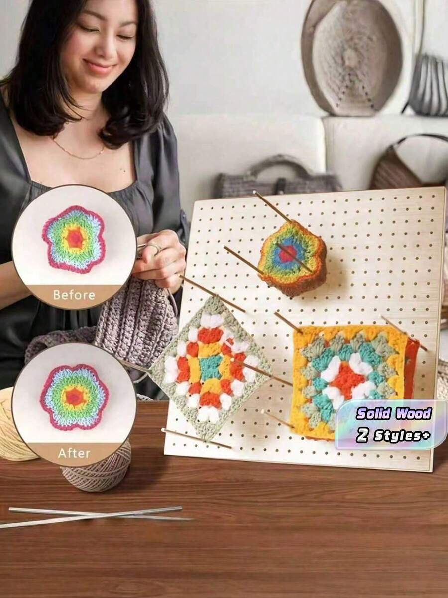 1PC Large Square Wooden Crochet Blocking Board With 8 Stainless Steel Pins Non Slip Base Durable Wool Knitting Mat Natural Brown Color For Crochet Projects Home Studio Office Craft Room Gift For Crocheter - multicolor - View 1