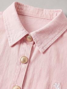 SHEIN MOD 女款刺繡喇叭袖單排扣牛仔襯衫 - 粉色 - 查看 6