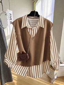 Franclia Summer New Lightweight Mature Commuter Style Vertical Striped Shirt With Coffee-Colored Vest, Gentle Two Pieces Set Fall - Yellow - View 4
