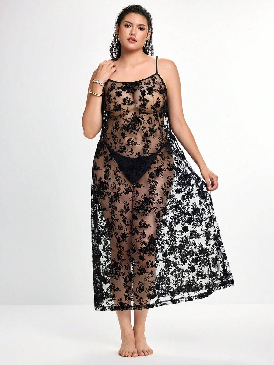 Slumbrini Plus Size Sheer Mesh Lace Slip Dress, Sexy Nightgown - Multicolor - View 1