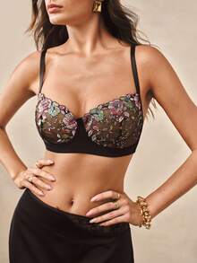 Hourtrue 1pc Lace Patchwork Sexy Women's Bra, Wireless Seamless T-Shirt Bra For Daily Wear - Black - View 5