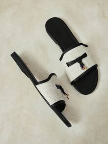 Styleloop Retro Color Matching Square Toe With Sandals Women Wear Linen Breathable Slouchy Sandals In Summer, Holiday Shoes - Black - View 4