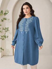 Veilorie Plus Size Elegant Fashion Embroidered Single-Breasted Shirt For Vacation And Dating - Blue - View 4
