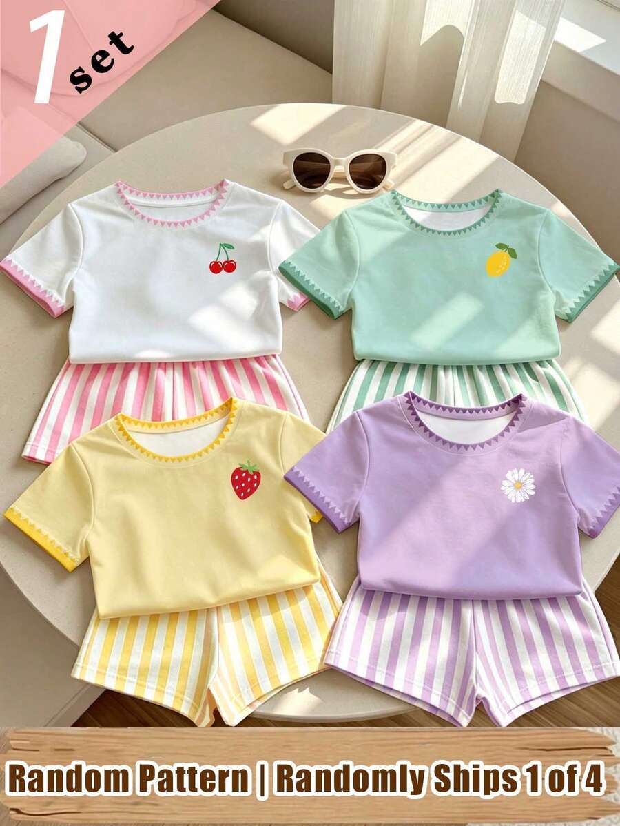 Elladie kids (Random Pattern, 1 Set Random) Girls' Cherry Lemon Flower Strawberry Pale Yellow White Vertical Stripe Pattern Basic Short T-Shirt And Shorts - Multicolor - View 1