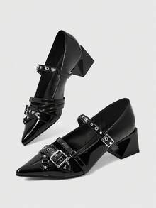 ROMWE Grunge Punk Elegant Pointed Toe Chunky Heel Lacquer Leather Pumps For Christmas Y2K 2000s Style - Love Black - View 2