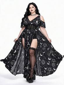 ROMWE Goth 女款夏季哥德風月亮太陽臉星星愛心劍貓咪星座印花蕾絲拼接深V領露肩高開衩洋裝上衣舞會禮服 - 黑色 - 查看 1