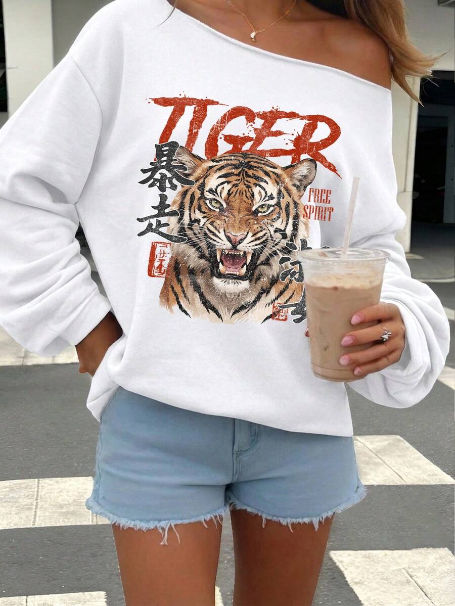 SHEIN EZwear Casual Minimalist Style Tiger Graphic Off-Shoulder Loose Long Sleeve Sweatshirt For Women, Suitable For Spring, Summer And Early Autumn - White - View 1