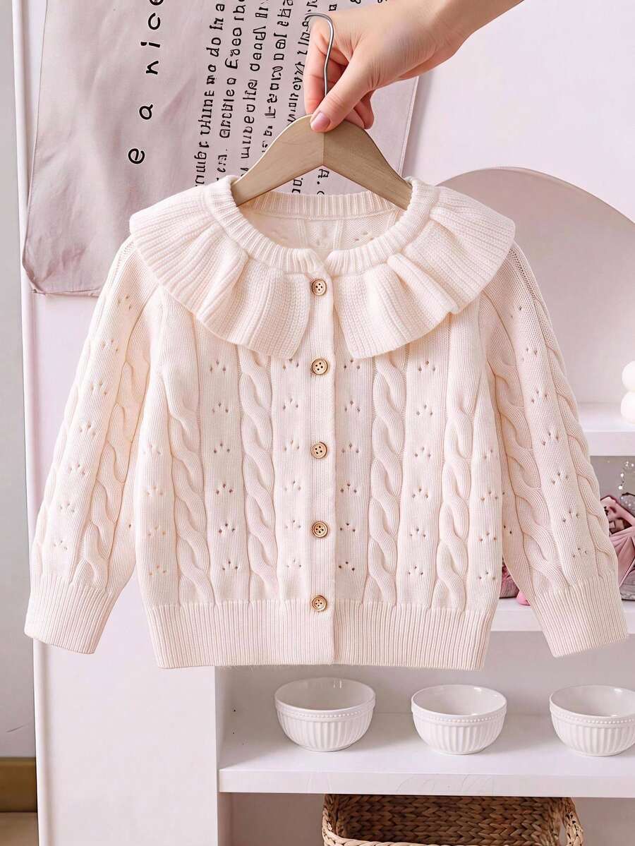 SHEIN Cárdigan casual de punto de color liso con cuello redondo y ribete de volantes para niña bebé - Burdeos - Ver 1