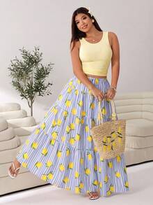 Solflare Setelan 2 Potong Atasan Tank Top Polos & Rok Motif Lemon Bergaris Ukuran Plus - MultiWarna - View 3