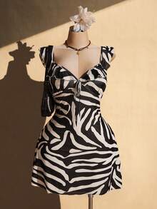 SHEIN ICON Women's Plus Size Zebra Print Tie-Up Ruffle Hem Dress - Apricot - View 4