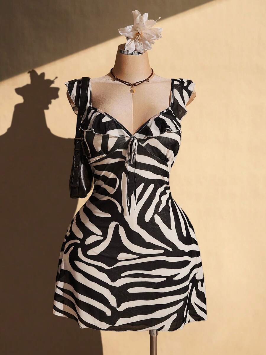 SHEIN ICON Women's Plus Size Zebra Print Tie-Up Ruffle Hem Dress - Apricot - View 1