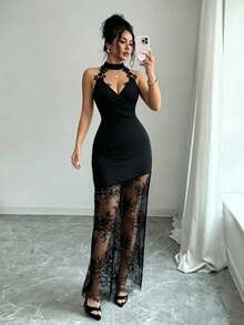 Elenzga Halter Neck Iridescent Material Contrast Lace Dress - Black - View 2