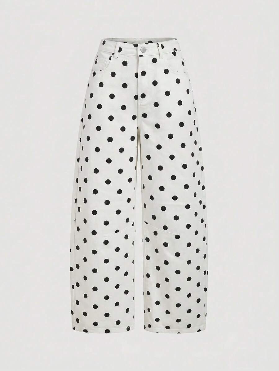 SHEIN MOD 女款波點圖案寬腿寬鬆休閒牛仔褲