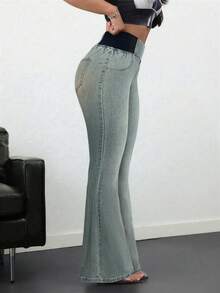 SHEIN Tall 女士牛仔裤休闲紧身弹力喇叭裤蓝色紧身牛仔裤高腰喇叭裤高腰女士牛仔裤夏季 - 中等水洗藍 - 查看 5