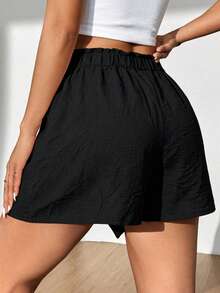 Breezaya Plus Size Summer Casual Loose Solid Color Ruffle Waist Shorts - Black - View 2