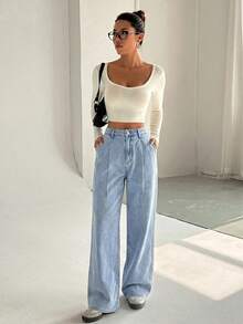 SHEIN Unity Women's Casual Streetwear Washed Straight Leg Jeans Everyday School Light Blue Summer - Blue - View 6