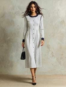 Franclia Contrast Color Round Neck Striped Single-Breasted Waist Fitted Long Sleeve Dress/Retro Artistic Style Dress - Blue - View 1