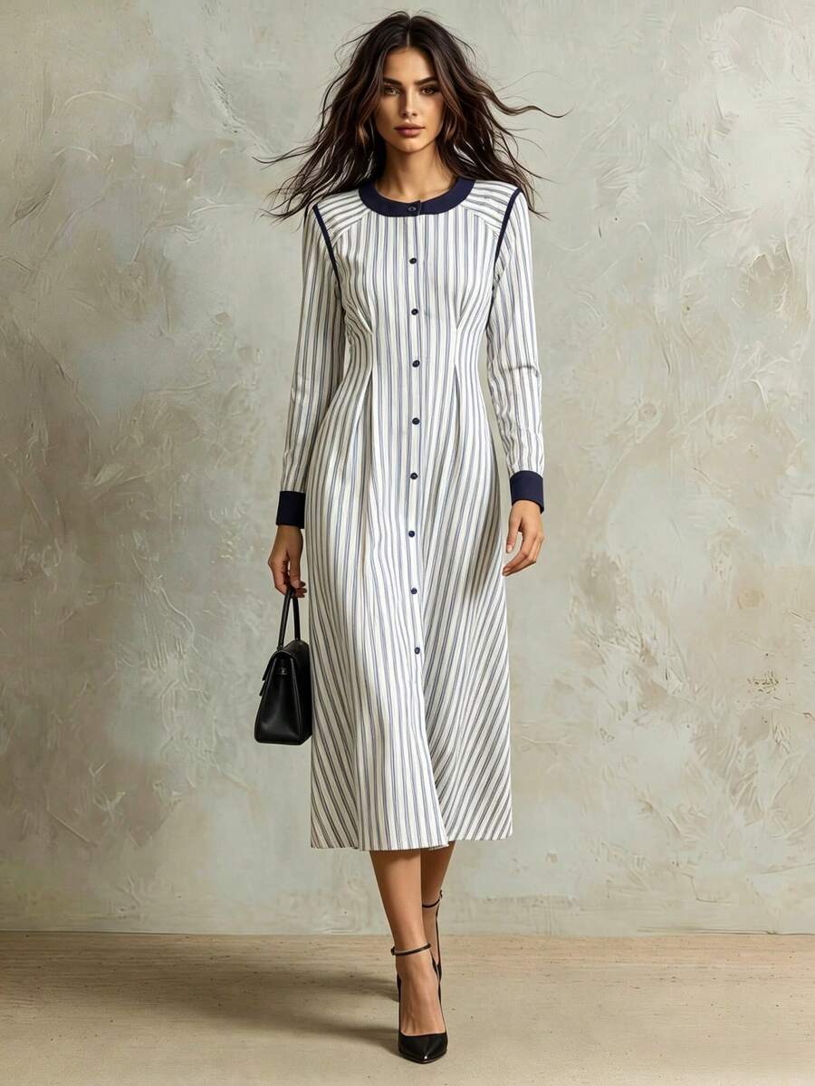 Franclia Contrast Color Round Neck Striped Single-Breasted Waist Fitted Long Sleeve Dress/Retro Artistic Style Dress - Blue - View 1