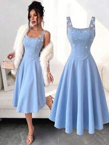 Elenzga Summer Wedding Cocktail Guest Formal Waist-Cinched Sleeveless A-Line Rhinestone Decor Party Birthday Date Hostess Dress Light Blue Elegant Romantic - Dusty Blue - View 1