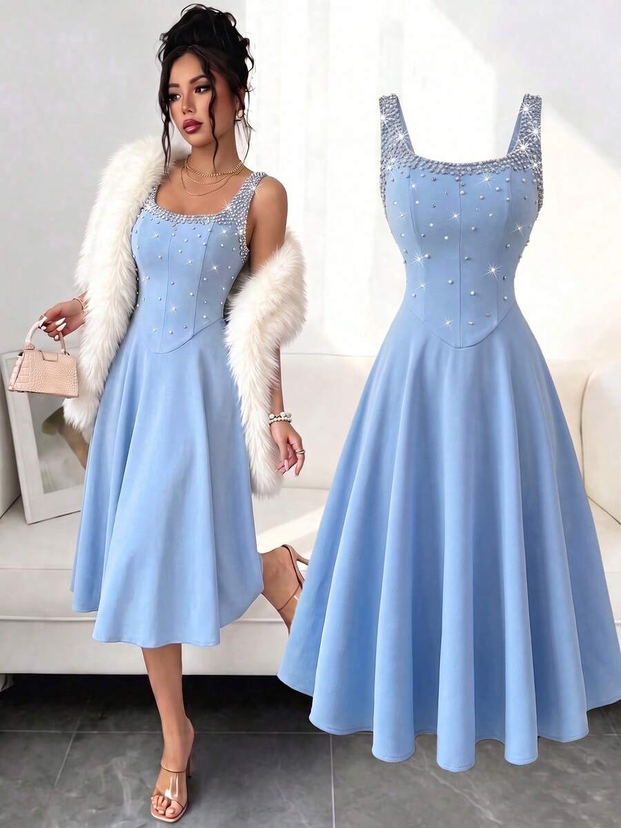 Elenzga Summer Wedding Cocktail Guest Formal Waist-Cinched Sleeveless A-Line Rhinestone Decor Party Birthday Date Hostess Dress Light Blue Elegant Romantic - Dusty Blue - View 1