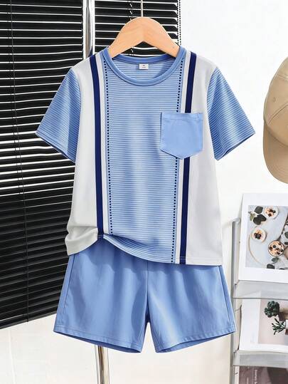2pcs/Set Boys Casual Colorblock Patchwork Design Crew Neck T-Shirt Set, Comfortable And Fashionable For Daily Commute, School, Sports
