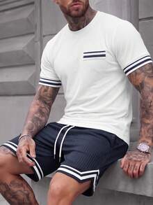 Manfinity CasualCool 男士條紋圓領短袖T恤與短褲休閒套裝 - 彩色 - 查看 6