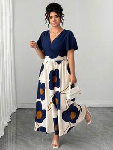 Elenzga Plus Size Women's Spring/Summer Abstract Floral Print & Solid Color V-Neck Short Flutter Sleeve Top & Long Dress Set, Fashion Casual Elegant - Blue - View 8