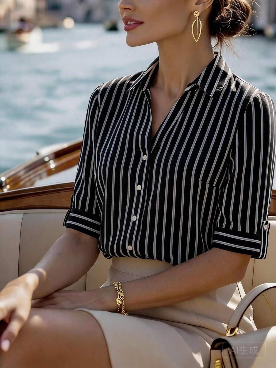SHEIN LUNE 女款休閒航海風條紋海軍藍短袖V領襯衫,適合夏季、春季、秋季,通勤、休閒與日常穿著 - 黑色 - 查看 1