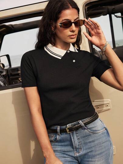 SHEIN Black And White Contrast Asymmetric Lapel Minimalist Casual Preppy Elegant Business Commuter Autumn Short Sleeve Women's Cropped Knit Top