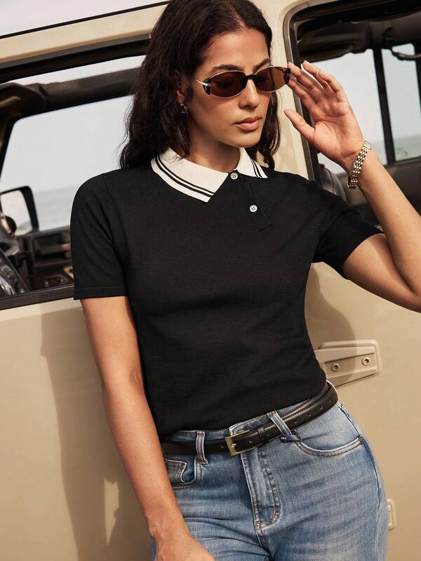 SHEIN Black And White Contrast Asymmetric Lapel Minimalist Casual Preppy Elegant Business Commuter Autumn Short Sleeve Women's Cropped Knit Top