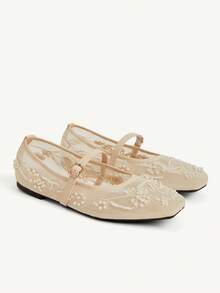 CUCCOO CHICEST 女款網布刺繡珍珠瑪麗珍平底鞋，扣環設計，通勤約會婚禮日常溫柔透氣百搭女鞋 - 米色 - 查看 2