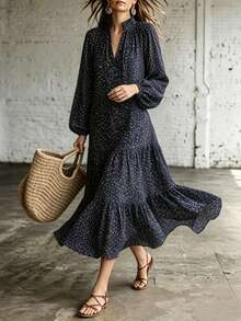 Trelyra French Navy Blue Polka Dot Small Dress, Spring/Autumn V-Neck Frill Trim Puff Long Sleeve Layered Cake Mid-Length Boho Commuter Versatile Vacation - Navy Blue - View 5