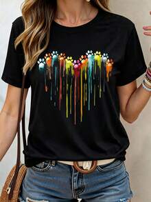 INAWLY Plus Size Printed Round Neck Short Sleeve T-Shirt Suitable For Valentine's Day Casual Wear Graphic Tees Women Tops - Black - View 1