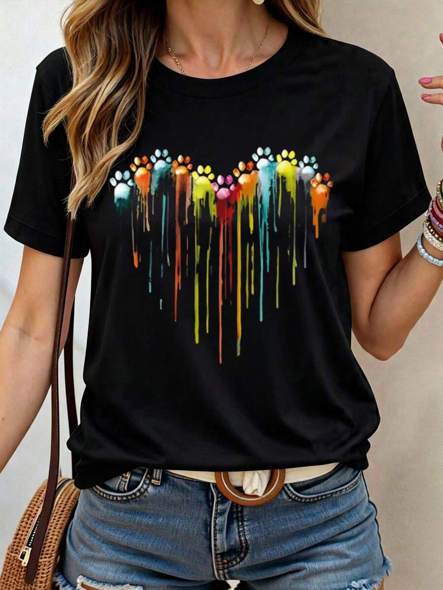 INAWLY Plus Size Printed Round Neck Short Sleeve T-Shirt Suitable For Valentine's Day Casual Wear Graphic Tees Women Tops - Black - View 1
