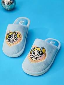 THE POWERPUFF GIRLS X Joivida 1雙藍色毛絨拖鞋，立體刺繡字母，平底防滑女款居家鞋，適合學生宿舍、冬季、辦公室地毯、居家使用，溫馨禮物 - 藍色 - 查看 5