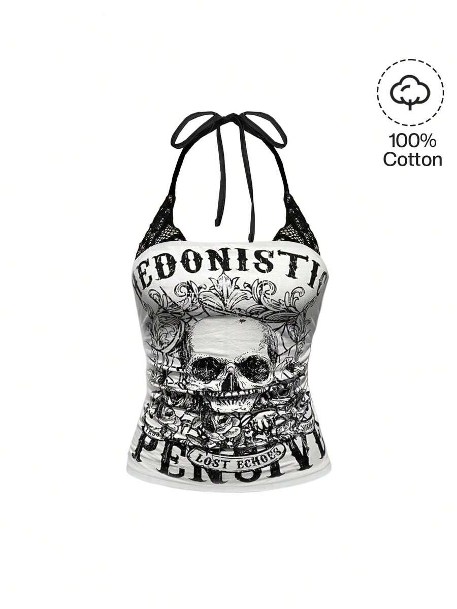 ROMWE Grunge Punk Women Spring Summer Casual Y2K Punk Vintage Distressed Skull Print 2 In 1 Lace Splicing Color Contrast Cotton Halter Tops - White - View 1
