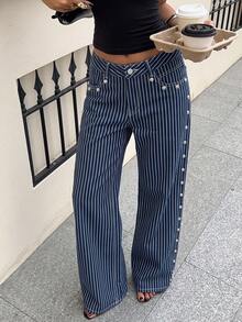 SHEIN EZwear Women's Fashion Striped Wide Leg Jeans Fall Clothes - Medium Wash - View 3