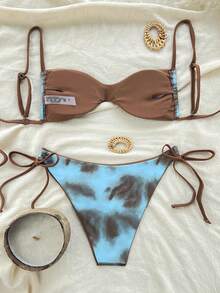 Swim Vcay Spaghetti Strap Random Print V-Neck Sexy Regular Women All Season Bikini Set And Side Tie-Up Swimshorts Set For Summer Beach Vacation - Multicolor - View 5