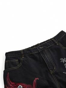 ROMWE Grunge Punk Vintage Washed Cross Print Plus Size Denim Jeans - Black - View 3