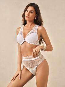 Hourtrue 1pc High-Rise Solid Color Contrast Lace Brief Lingerie Bridallingerie - White - View 4