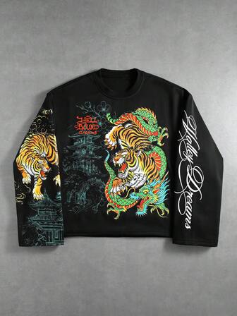 Street Life T-shirt à manches longues imprimé tigre rétro Y2K style street coupe ample