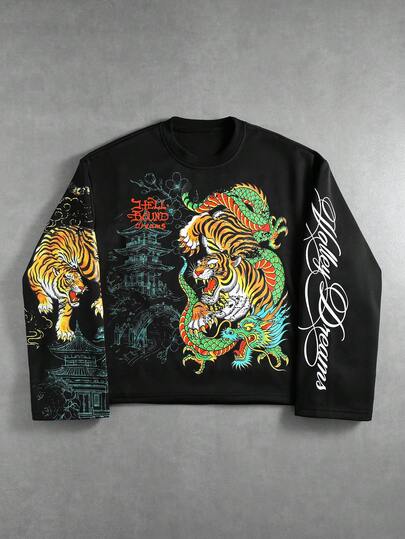 Street Life T-shirt à manches longues imprimé tigre rétro Y2K style street coupe ample