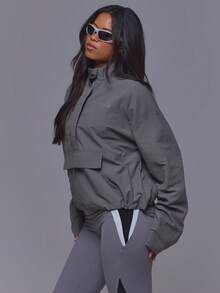 Musera Sport Grey High Neck Loose Fit Front Flap Loose Oversized Fit Drawstring Cinched Waist Nylon Sport Jacket Pilates Fitness Daily Casual Everyday Void - Dark Grey - View 3