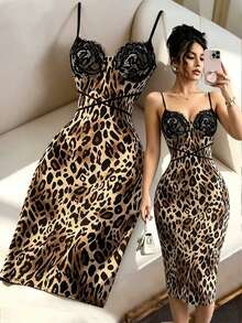SHEIN 女士夏季时尚蕾丝拼接豹纹紧身吊带裙 - 彩色 - 查看 3
