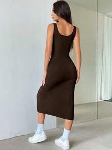 Flirla Button Front Square Neck Split Thigh Tank Dress Maxi Women Outfit - Coffee - View 2